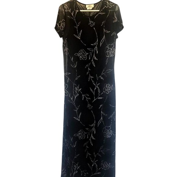 AGB Byer California Dresses & Skirts - AGB Byer Black Dress VTG Maxi Sheer Overlay Slip Dress Silver Glittery Floral 12
